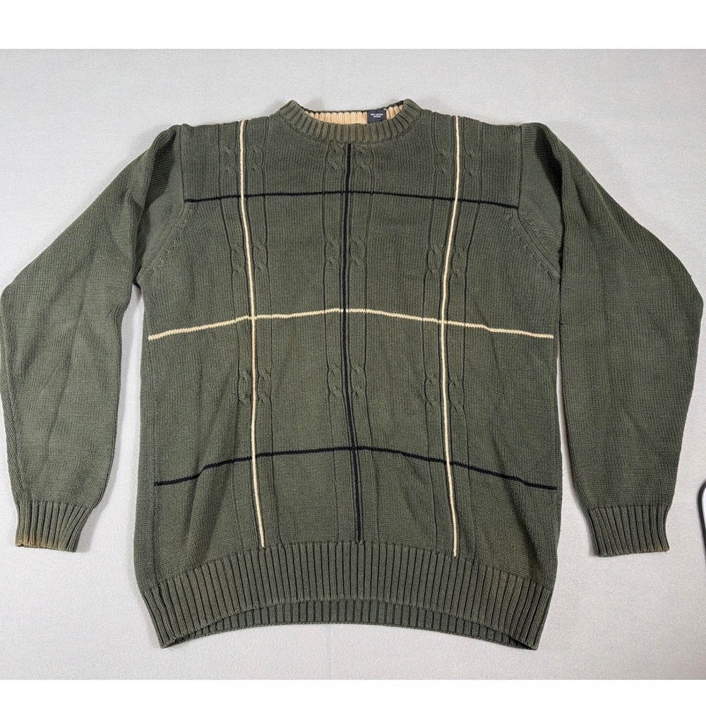 Grunge core Haggar Men Olive Green Cable Knit Cotton Crewneck Sweater Size Large